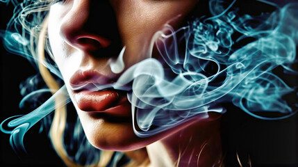 Close up detail of a young woman's mouth with ripples of smoke and steam escaping - lips with lipstick, made with generative ai