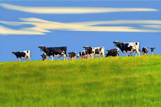 Herd of cows at summer green field. Generative AI