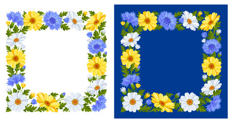 Square frame with pattern of blue cornflowers, yellow and white daisy flowers, leaves and buds isolated on a white and blue background. Cute floral botanical decoration. Vector illustration