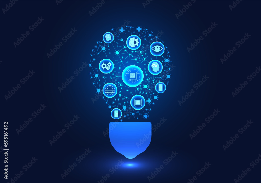 Poster artificial intelligence in the light bulb refers to the use of smart technology or artificial intell