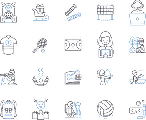 Leisure ans sport activities outline icons collection. Skiing, Swimming, Cycling, Hiking, Climbing, Kayaking, Mountaineering vector and illustration concept set. Surfing, Kiteboarding, Snowboarding