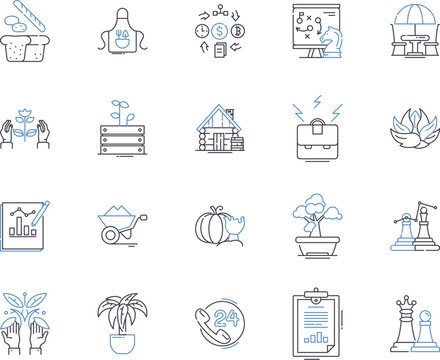 Farming business outline icons collection. Cropping, Sowing, Farming, Cultivating, Reaping, Flourishing, Tilling vector and illustration concept set. Harvesting, Agribusiness, Irrigation linear signs