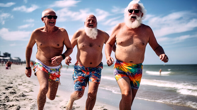 Three old white men run bare-chested along beach in colorful swim trunks, made with generative ai