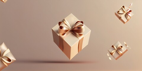 Obraz na płótnie Canvas 3D gift box, gold ribbon bow on beige pastel background. Present mockup for cosmetic product . Realistic gift with confetti . Copy space banner. Ai generative