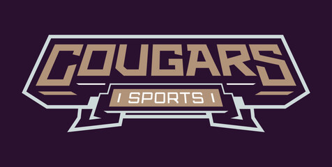 Bold sports font for cougar mascot logo. Text style lettering for esport, cougar mascot logo, sport team, college club. Font on ribbon. Vector illustration isolated on background.