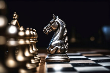 Strategic Silver Horse. Chessboard and Pawn Leadership Concept on Blurred Background