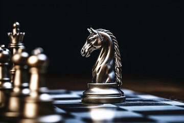 Strategic Silver Horse. Chessboard and Pawn Leadership Concept on Blurred Background