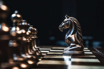Strategic Silver Horse. Chessboard and Pawn Leadership Concept on Blurred Background