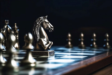 Strategic Silver Horse. Chessboard and Pawn Leadership Concept on Blurred Background