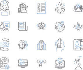 Company growth outline icons collection. Expansion, Expansionary, Expansionism, Expansionist, Profit, Booming, Advancement vector and illustration concept set. Upward, Uplift, Amplify linear signs
