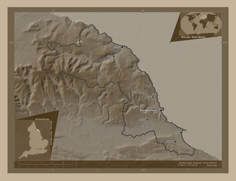 Scarborough, England - Great Britain. Sepia. Labelled points of cities