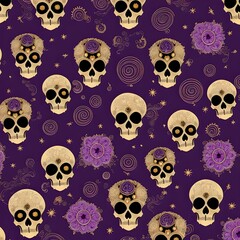 seamless purple and gold skull pattern