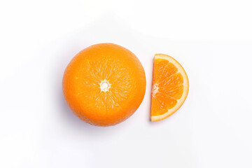 Top view of fresh whole and sliced oranges isolated on white background. Created with Generative AI Technology