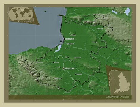 Sedgemoor, England - Great Britain. Labelled points of cities