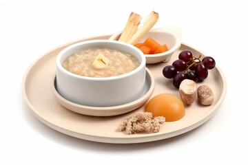  a bowl of oatmeal with grapes, carrots, eggs, and cheese on a plate with a spoon and a spoon.  generative ai