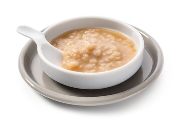  a bowl of oatmeal with a spoon in it on a plate on a white background with a white background and a white background.  generative ai