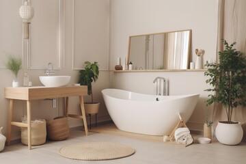Naklejka na ściany i meble a white bath tub sitting next to a sink and a wooden table with a mirror on top of it and a potted plant in front of it. generative ai