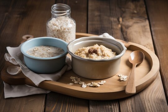  a bowl of oatmeal and a bowl of oatmeal on a wooden tray with a spoon and a jar of oatmeal.  generative ai