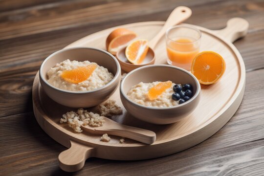  two bowls of oatmeal with orange slices and blueberries on a wooden plate with a spoon and a glass of orange juice.  generative ai