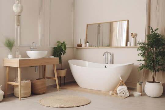  a white bath tub sitting next to a sink and a wooden table with a mirror on top of it and a potted plant in front of it.  generative ai