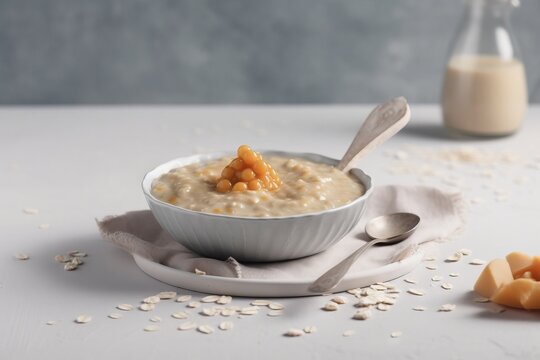 a bowl of oatmeal with a spoon on a plate next to a bottle of oatmeal and a glass of milk.  generative ai