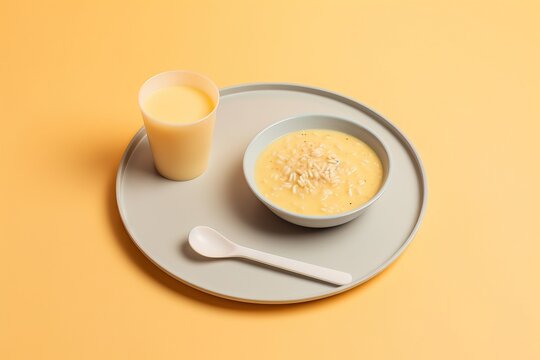  a bowl of cereal and a glass of milk on a plate on a yellow background with a spoon and a glass of milk on the plate.  generative ai
