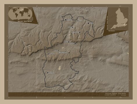 Sevenoaks, England - Great Britain. Sepia. Labelled points of cities