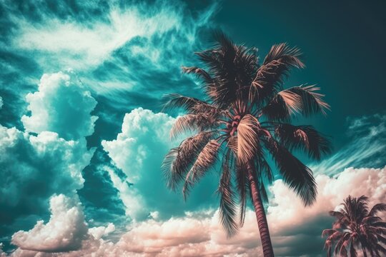 Tropical palm tree on an abstract background of azure skies and clouds. Summertime getaway and outdoor adventure theme. Color style with a pastel tone filter effect. Generative AI