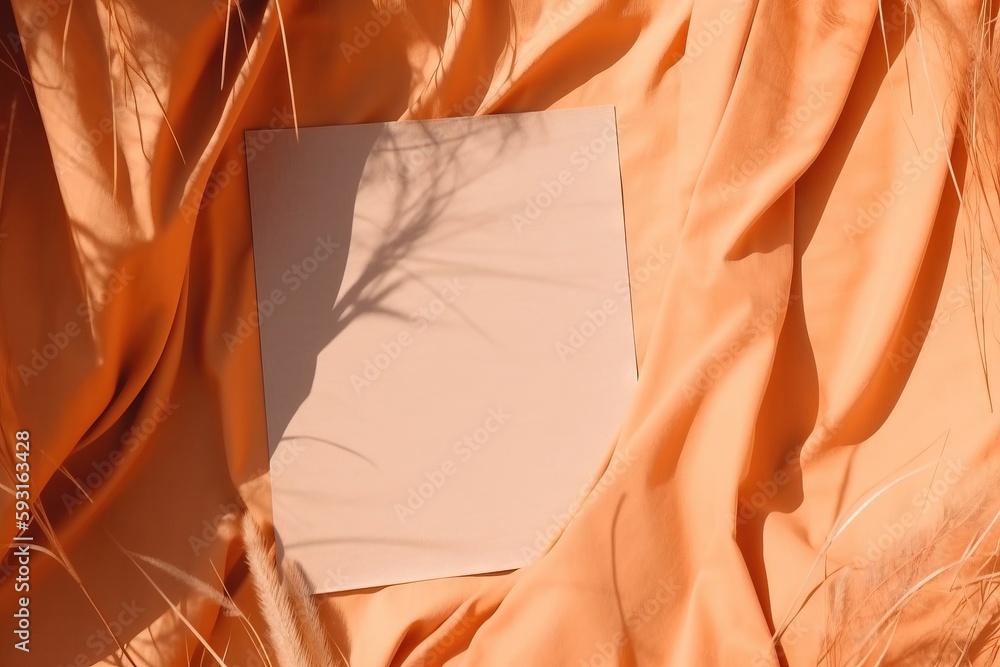 Poster a piece of paper is laying on a sheet of orange fabric with a shadow of a plant on it and a shadow o