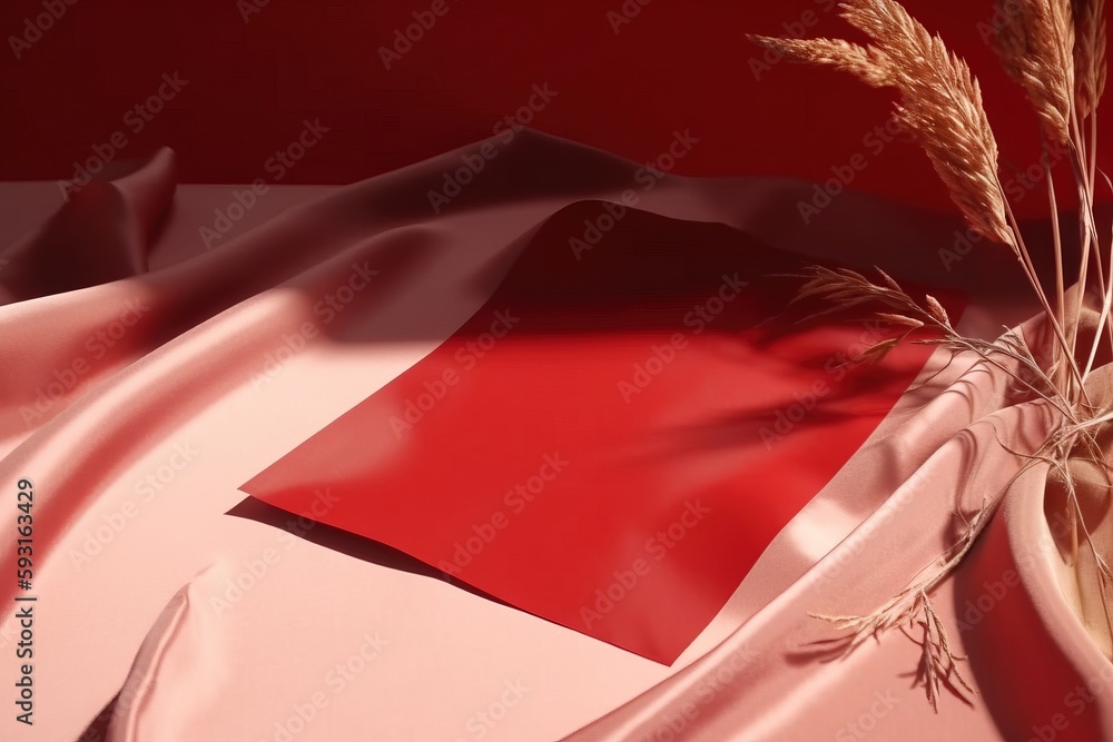 Poster a vase with a plant in it sitting on a red table cloth with a red square in the middle of the image 