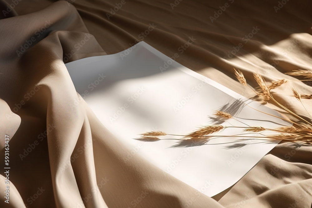 Poster a sheet of paper with a plant on top of it on a sheet of fabric with a shadow of a sheet of paper on