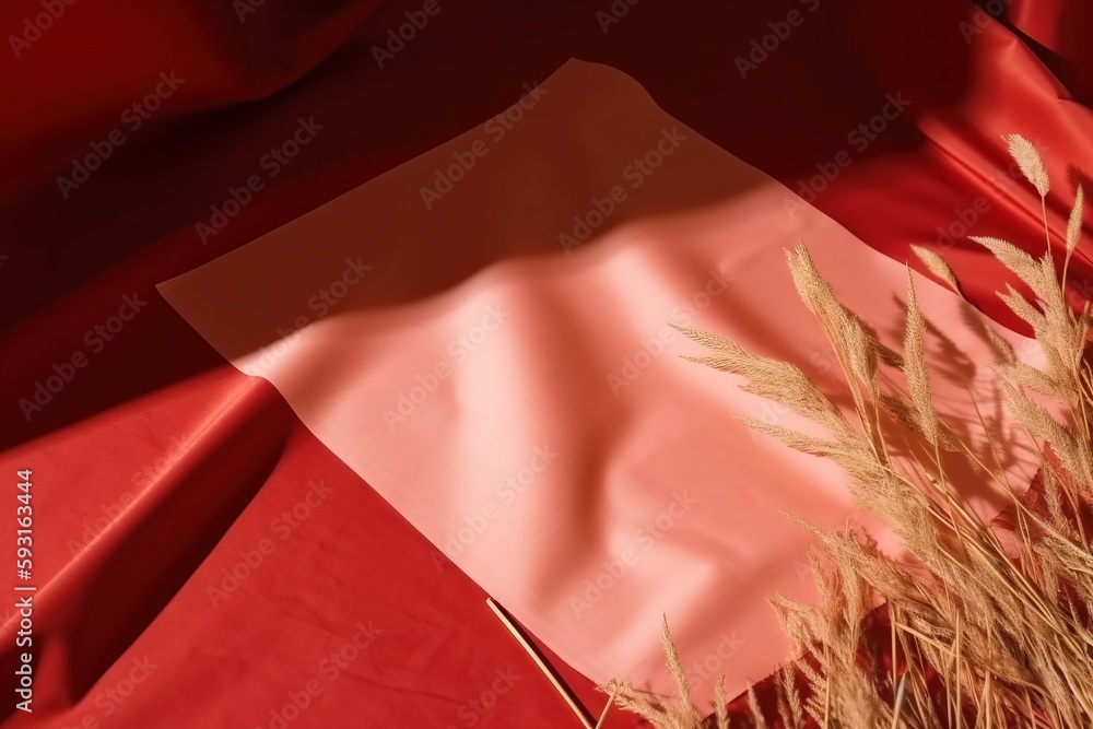 Poster a close up of a red cloth with a plant in the foreground and a sheet of paper in the middle of the i