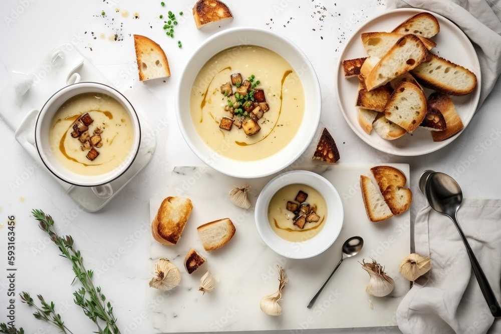 Poster a table topped with bowls of soup next to slices of bread and a cup of soup with a spoon and spoon n