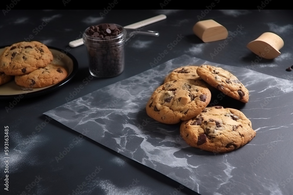Poster a table topped with chocolate chip cookies next to a jar of chocolate chip cookies and a plate of co