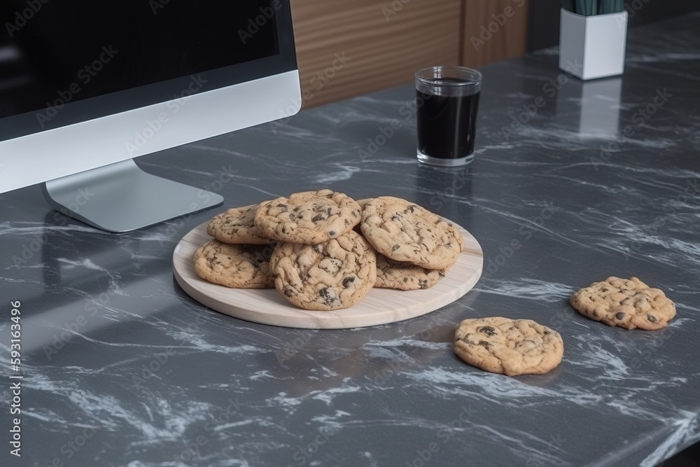 Poster a plate of cookies on a table next to a glass of milk and a computer monitor on a table with a glass