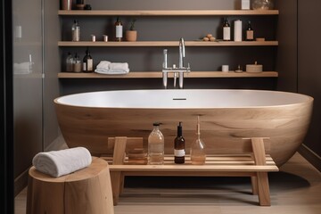 Naklejka na ściany i meble a bathroom with a large bathtub and a wooden bench with bottles on it and a towel rack on the side of the bathtub. generative ai