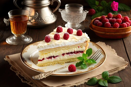 traditional german dessert homemade cream cake with raspberries and cream tyrolean pie, created with generative ai