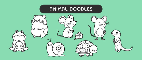 Animal doodles, black and white outline for coloring book