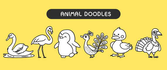 Animal doodles, black and white outline for coloring book