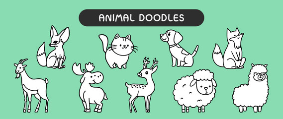 Animal doodles, black and white outline for coloring book