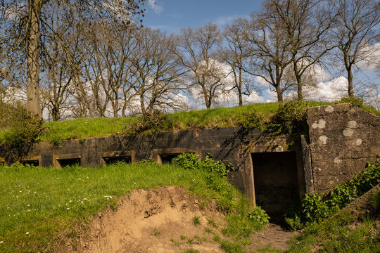 overgrown decaying remains of Fort Bij Rijnauwen near Utrecht in netherlands countryside. bombproof barracks military instillation on new Dutch Waterline housed troops for defence  
