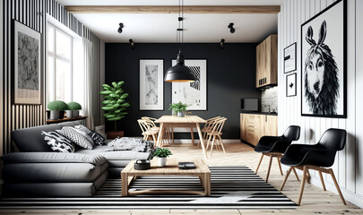 A interior design of a living room that features black and white colored furniture with wooden elements. AI