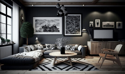 A interior design of a living room that features black and white colored furniture with wooden elements. AI