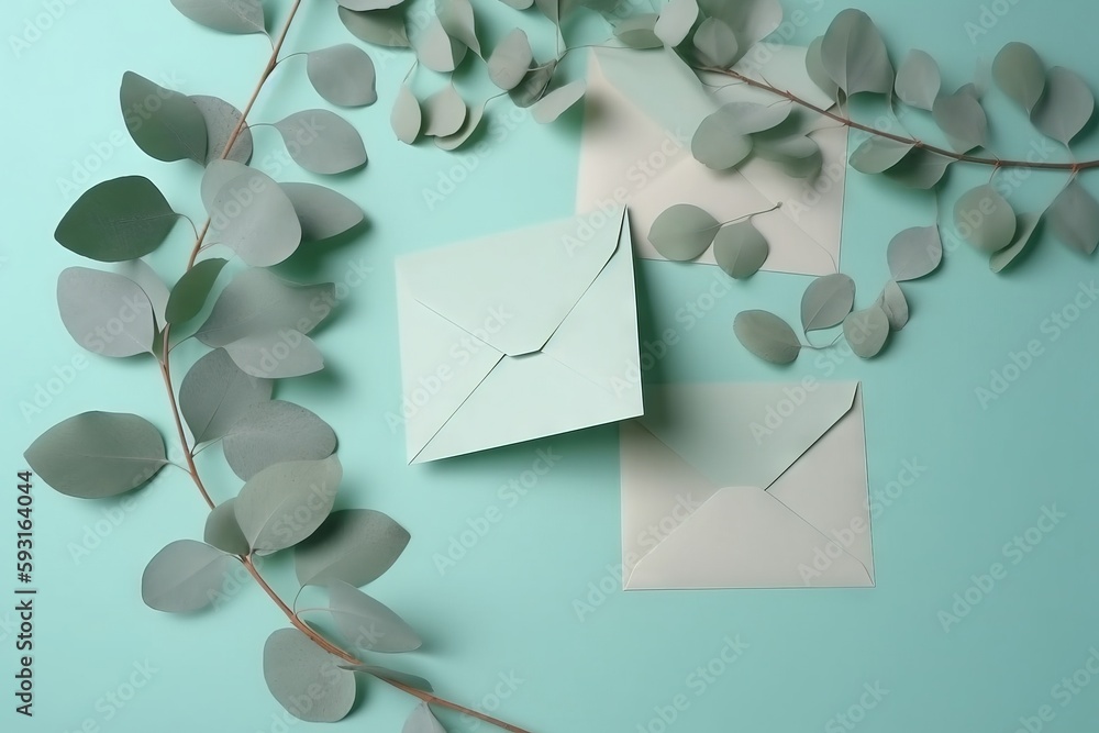 Poster a paper envelope and some leaves on a blue background with a white envelope and some green leaves on
