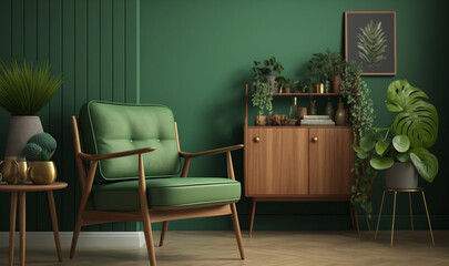 A modern mid-century living room in green color with a wooden armchair. AI