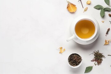  a cup of tea and some leaves on a white surface with a white surface and a white cup with a green tea in the middle.  generative ai