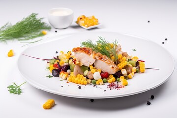  a white plate topped with a fish and corn salad next to a cup of milk and a saucer on the side of the plate.  generative ai