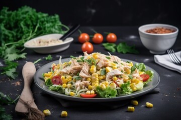  a salad with chicken, corn, tomatoes, and lettuce on a plate with a fork and a bowl of salad dressing in the background.  generative ai