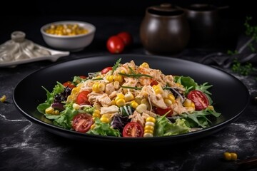  a black plate topped with a salad covered in corn and tomato slices next to a bowl of corn kernels and a serving dish of corn.  generative ai