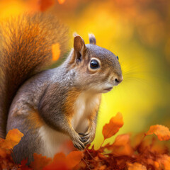 Fototapeta premium Close-up of a squirrel with autumn leaves, Generative AI